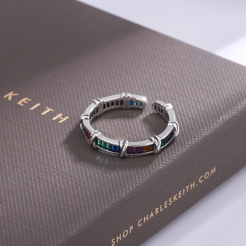 925 Sterling Silver Rainbow Ring For Women Colorful Rhinestone Inlaid Geometric Cross Open Adjustable Ring Luxury Jewelry Gift