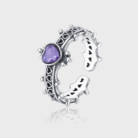 925 Sterlingsilber Herz Ring Für Damen Retro Gothic Lila Strass Krone Hohl Verstellbarer Fingerring Mode Schmuck