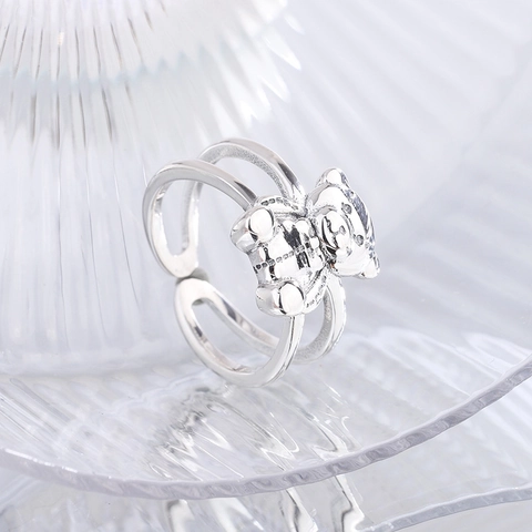 S925 Sterling Zilver Schattige Cartoon Beer Open Ring Voor Vrouwen Retro Verouderd 3D Teddybeer Verstelbare Dubbele Ring
