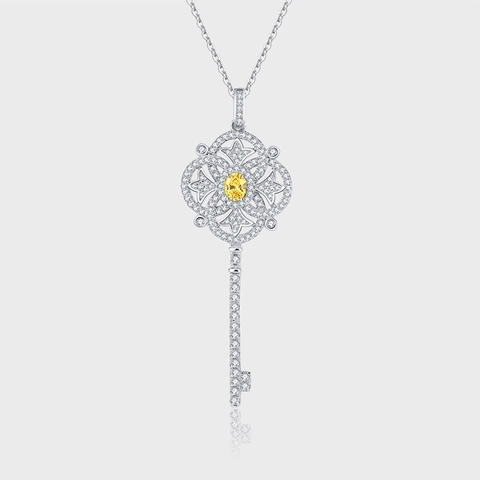 925 Sterling Silver Key Pendant Necklace Yellow Rhinestone Pave Hollow Flower Clavicle Chain For Women Elegant Jewelry