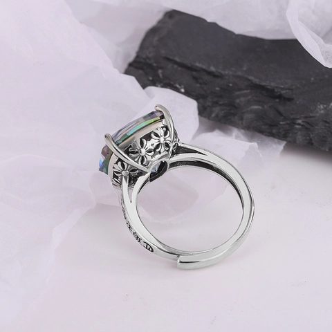 Vintage S925 Sterling Silver Geometric Zirconia Open Ring Gothic Engraved Pattern Adjustable Retro Jewelry Ring For Women