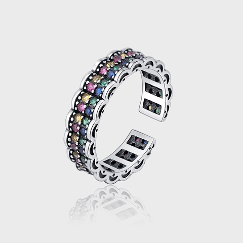 Retro 925 Sterlingsilber Regenbogen Ring Für Damen Mehrfarbige Strass Eingelegte Verstellbare Spitze Welle Offene Fingerring