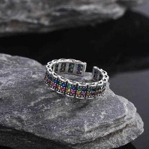 Retro 925 Sterlingsilber Regenbogen Ring Für Damen Mehrfarbige Strass Eingelegte Verstellbare Spitze Welle Offene Fingerring