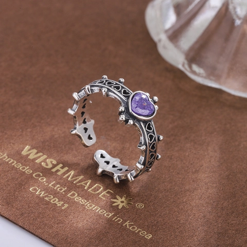 925 Sterlingsilber Herz Ring Für Damen Retro Gothic Lila Strass Krone Hohl Verstellbarer Fingerring Mode Schmuck