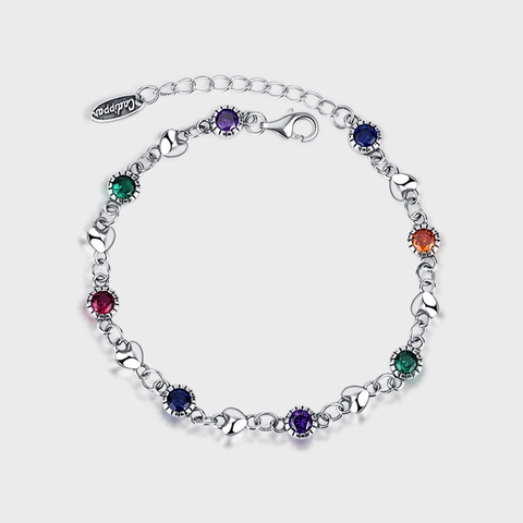 925 Sterling Silver Heart Bracelet For Women Rainbow Zirconia Colorful Stone Inlaid Chain Link Minimalist Jewelry Gift