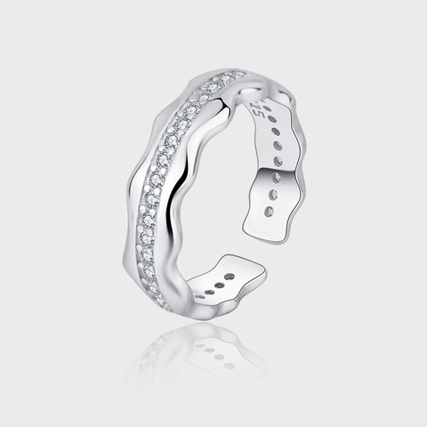 S925 Sterlingsilber Welle Verstellbarer Ring Für Damen Nischendesign Eingelegter Strass Minimalistischer Flussstil Schmuck