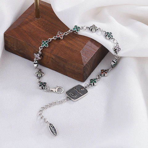 S925 Sterling Silver Double Sided Colorful Rhinestone Cross Flower Bracelet For Women Vintage Brand Tag Adjustable Jewelry