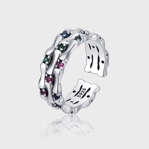 Anello Aperto in Argento Sterling 925 Vintage a Nodo di Bambù per Donna Zirconia Colorata Scheletro Regolabile Design di Nicchia Gioielli Retro
