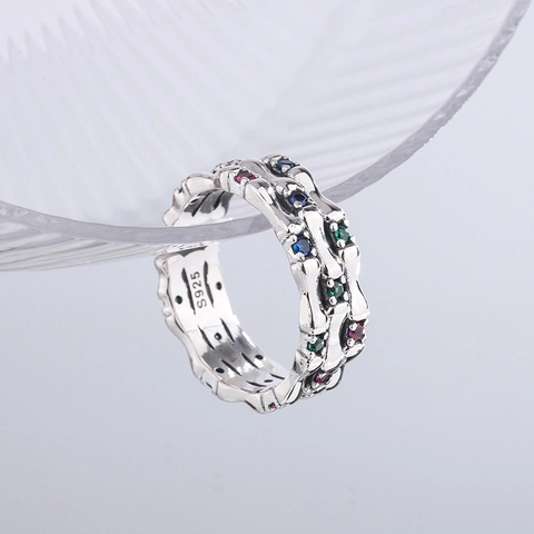 Anello Aperto in Argento Sterling 925 Vintage a Nodo di Bambù per Donna Zirconia Colorata Scheletro Regolabile Design di Nicchia Gioielli Retro