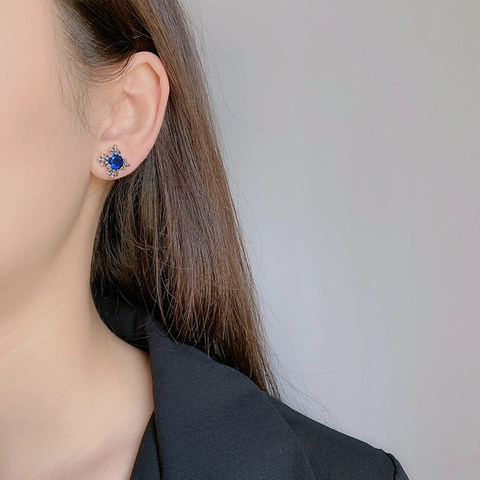 Vintage 925 Sterling Silver Fleur-de-lis Stud Earrings For Women Deep Blue Rhinestone Antique Micro-set Goth Jewelry