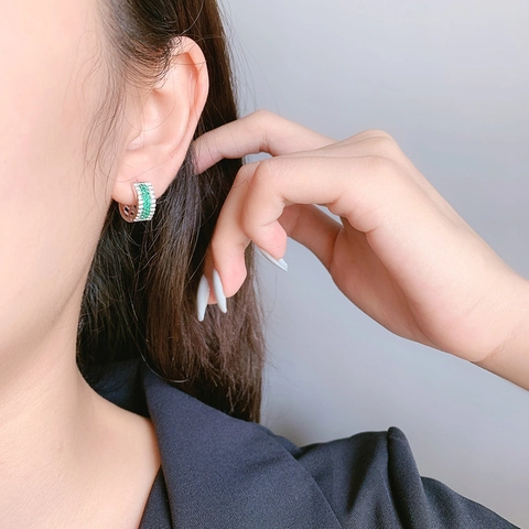 925 Sterling Silver Green Zirconia Hoop Earrings For Women Luxury Geometric Square Micro Inlay Ear Buckle Jewelry Gift
