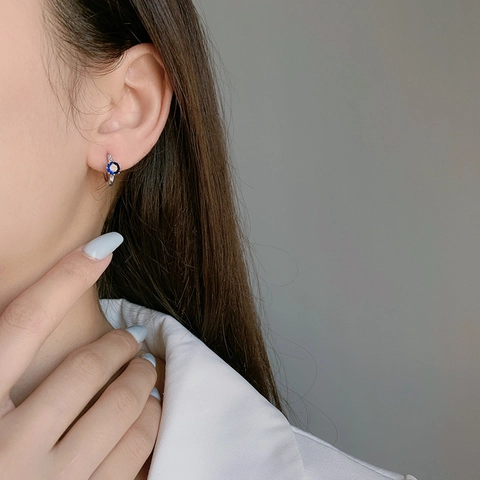 S925 Sterling Zilver Hart Van De Oceaan Creolen Voor Dames Zoet Rond Blauw Strass 6-Poot Zetting Elegante Zilveren Sieraden
