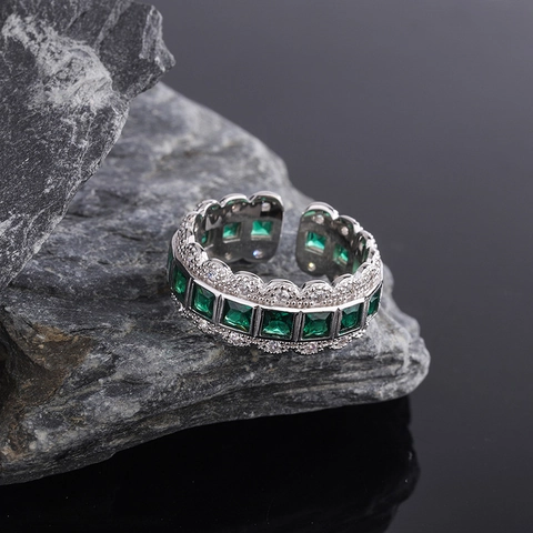 925 Sterling Silver Green Square Zirconia Open Ring For Women Luxury Lace Edge Adjustable Finger Ring Fashion Jewelry