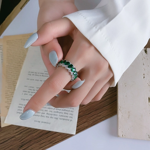 Vintage 925 Sterling Zilveren Groene Strass Ring Traanvorm Verstelbare Open Opengewerkte Ring Voor Dames Sieraden Cadeau