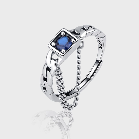 S925 Sterling Silver Vintage Blue Square Zirconia Inlaid Cuban Chain Open Ring Distressed Adjustable Tassel Jewelry For Women