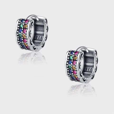 S925 Sterling Silver Rainbow Rhinestone Hoop Earrings For Women Vintage Scalloped Multi Color Stone Huggie Earrings Jewelry