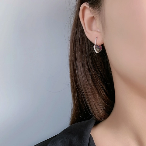 Vintage 925 Sterling Silver Multi-Color Zirconia Heart Lock Huggie Hoop Earrings For Women Retro Fashion Jewelry Accessories