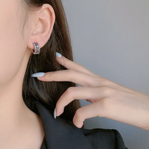 S925 Sterling Silver Rainbow Rhinestone Hoop Earrings For Women Vintage Scalloped Multi Color Stone Huggie Earrings Jewelry