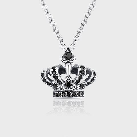Collana con Ciondolo a Corona in Argento Sterling 925 Vintage per Donna Retro Ossidato Strass Neri Gioielli Regalo