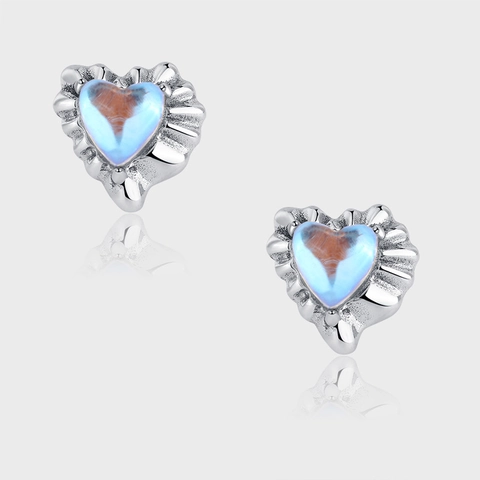 925 Sterling Silver Heart Stud Earrings Vintage Distressed Pleated Ruffle Iridescent Stone Sweet Cool Ins Style Women Jewelry Gift