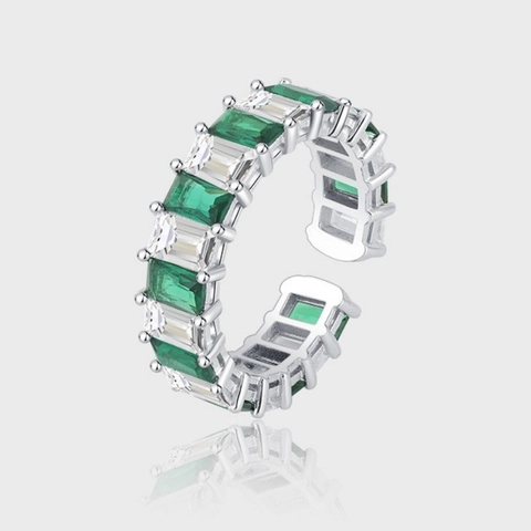 925 Sterlingsilber Smaragdgrün Weiß Zirkonia Pave Offener Ring Verstellbar Nischendesign Mode Schmuck Für Damen