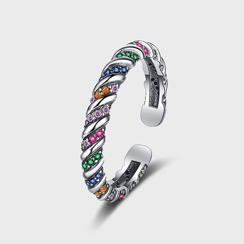 Vintage S925 Sterling Silver Colorful Striped Open Ring For Women Minimalist Micro Inlaid Rhinestone Twisted Finger Ring Jewelry