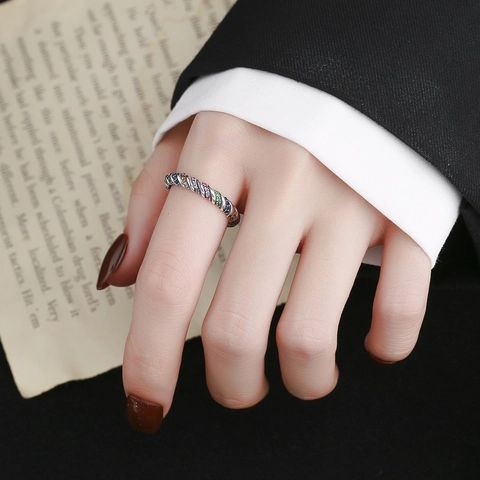 Vintage S925 Sterling Silver Colorful Striped Open Ring For Women Minimalist Micro Inlaid Rhinestone Twisted Finger Ring Jewelry