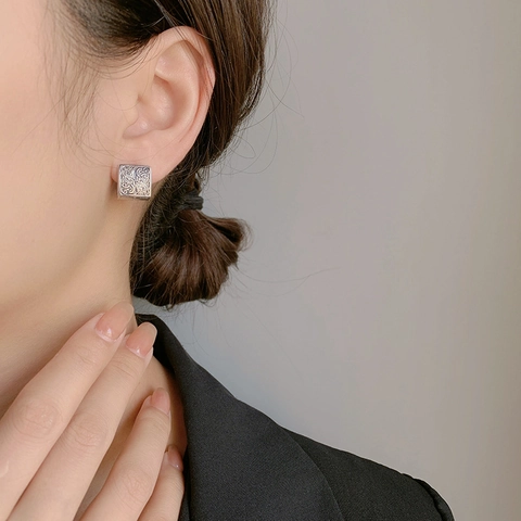 Pendientes de Botón Cuadrados de Plata de Ley 925 Vintage para Mujer Joyería de Hebilla de Oreja de Plata Tailandesa Mate