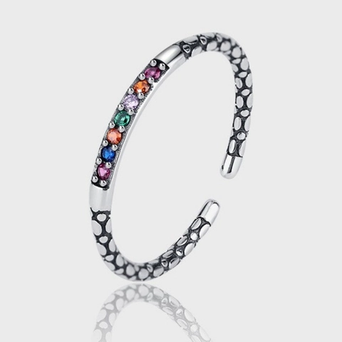 Vintage 925 Sterling Silver Rainbow Zirconia Open Ring For Women Retro Thai Silver Pebbled Adjustable Fashion Jewelry Ring
