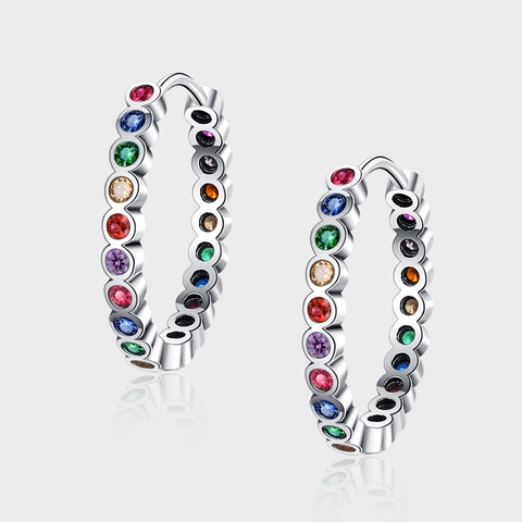 925 Sterling Silver Large Hoop Earrings For Women Retro Geometric Multi Color Zirconia Inlaid Luxury Jewelry Accessory