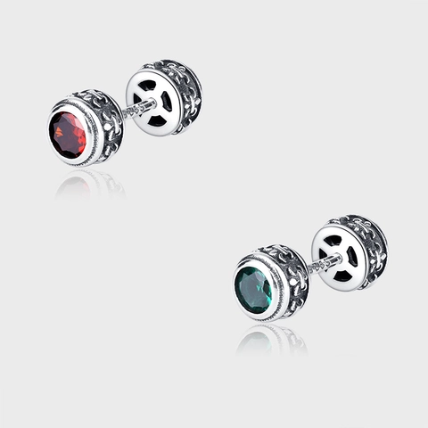 Vintage 925 Sterling Silver Screw Back Stud Earrings For Women Punk Gothic Engraved Round Red Green Rhinestone Earrings Jewelry