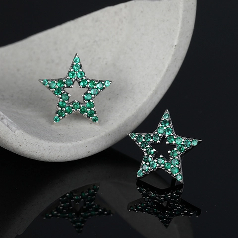 Retro 925 Sterling Zilveren Ster Oorknopjes Distressed Geometrisch Ingelegd met Groene Strass voor Dames