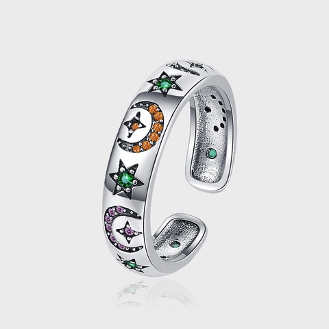 Vintage 925 Sterling Zilver Ster Maan Open Ring Voor Vrouwen Verstelbaar Kleurrijke Zirconia Ingelegd Retro Sieraden
