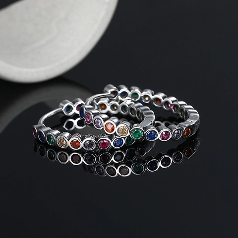925 Sterling Silver Large Hoop Earrings For Women Retro Geometric Multi Color Zirconia Inlaid Luxury Jewelry Accessory
