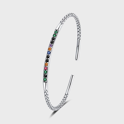 Bracelet Jonc Ouvert en Argent Sterling S925 Vintage Gravé pour Femme Design de Niche Strass Arc-en-Ciel Bijou de Luxe