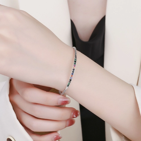 Bracelet Jonc Ouvert en Argent Sterling S925 Vintage Gravé pour Femme Design de Niche Strass Arc-en-Ciel Bijou de Luxe