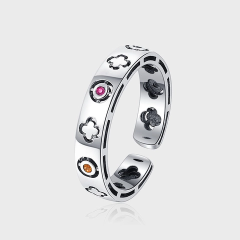 S925 Sterling Silver Four Leaf Clover Hollow Adjustable Ring Colorful Zirconia Inlaid Vintage Niche Design Elegant Finger Jewelry For Women
