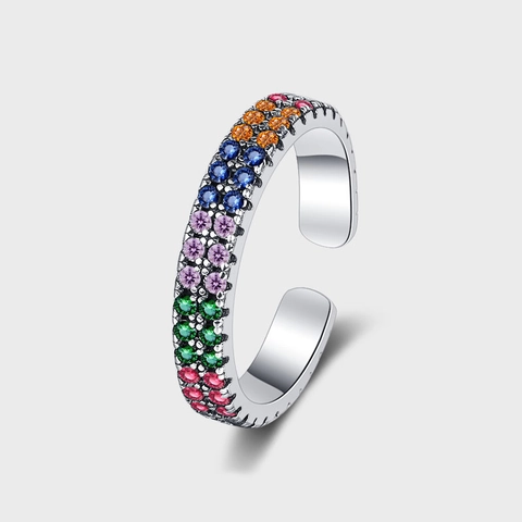 S925 Sterlingsilber Ring Für Damen Vintage Regenbogen Zirkonia Zweireihig Verstellbarer Offener Ring Thai Silber Fingerschmuck