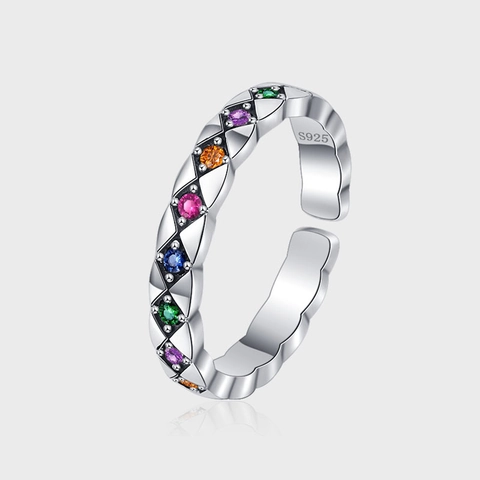 Bague Matelassée en Argent Sterling 925 Strass Multicolore Micro-incrustation Bague Ouverte Réglable Bijoux de Luxe Vintage Femme