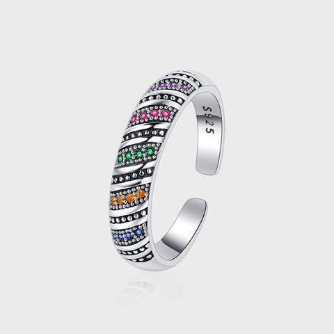 Vintage 925 Sterling Silver Colorful Rhinestone Open Ring Thai Silver Oxidized Boho Geometric Adjustable Ring For Women Jewelry
