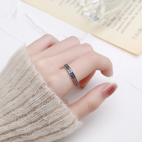 S925 Sterlingsilber Ring Für Damen Vintage Regenbogen Zirkonia Zweireihig Verstellbarer Offener Ring Thai Silber Fingerschmuck