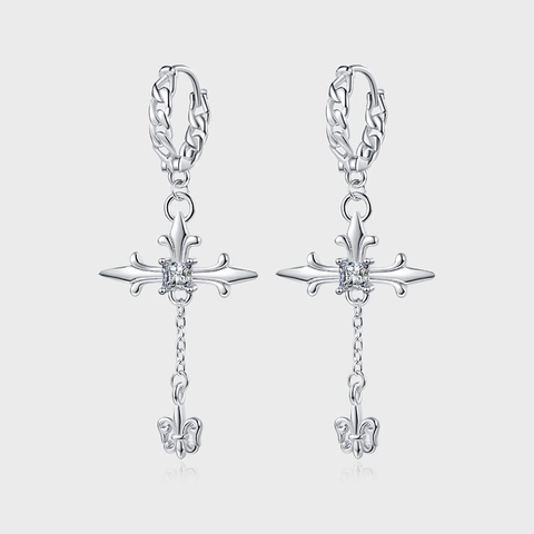 925 Sterling Silver Gothic Cross Tassel Drop Earrings Vintage Rhinestone Fleur De Lis Pendant Luxury Women Earrings