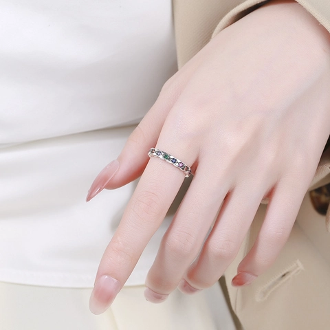 Bague Matelassée en Argent Sterling 925 Strass Multicolore Micro-incrustation Bague Ouverte Réglable Bijoux de Luxe Vintage Femme