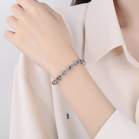 Bracelet Dés en Zirconia Arc-en-Ciel en Argent Sterling 925 Rétro pour Femmes Bracelet Chaîne Géométrique Carré Vieilli Bijoux