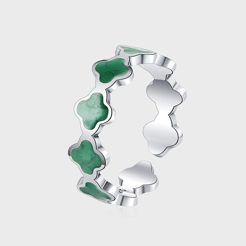 Minimalistischer 925 Sterlingsilber Avocadogrün Vierblättriges Kleeblatt Offener Ring Für Damen Verstellbarer Emaille Modeschmuck Geschenk
