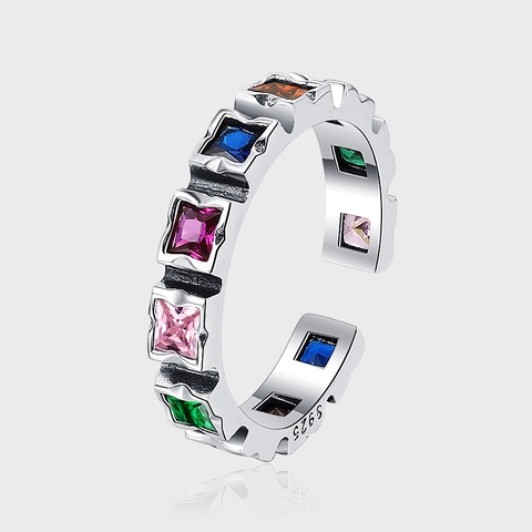 Bague Ouverte Vintage en Argent Sterling S925 avec Zirconia Coloré Carré pour Femme Oxydé Ajustable Hip Hop Bijoux
