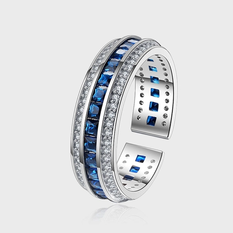 Anello Abierto Ajustable de Plata de Ley 925 Con Diamante de Imitación Cuadrado Azul Geométrico Tres Filas Incrustadas Joyería Moda Mujer