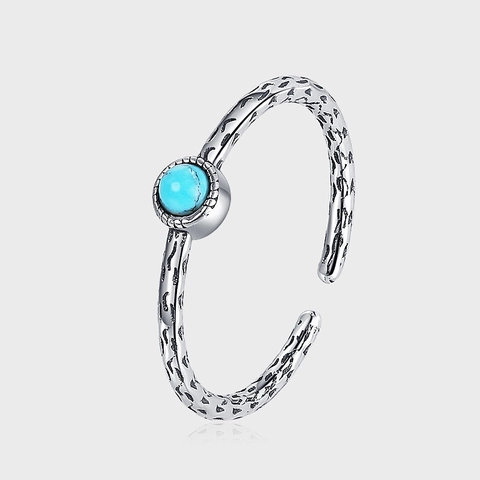 Anello Aperto in Argento Sterling 925 Vintage con Turchese per Donna Texture Martellata Invecchiata Anello Regolabile Gioielli
