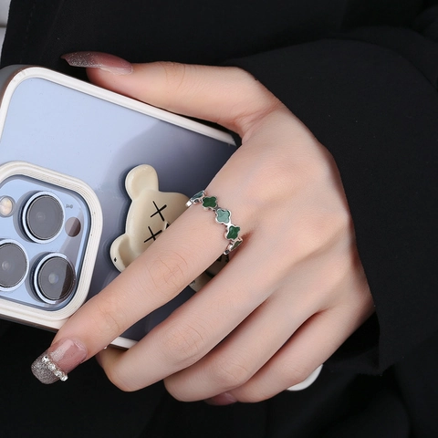 Minimalistischer 925 Sterlingsilber Avocadogrün Vierblättriges Kleeblatt Offener Ring Für Damen Verstellbarer Emaille Modeschmuck Geschenk