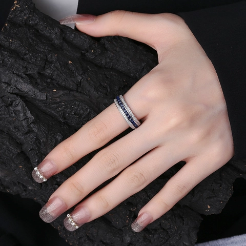 Anello Abierto Ajustable de Plata de Ley 925 Con Diamante de Imitación Cuadrado Azul Geométrico Tres Filas Incrustadas Joyería Moda Mujer